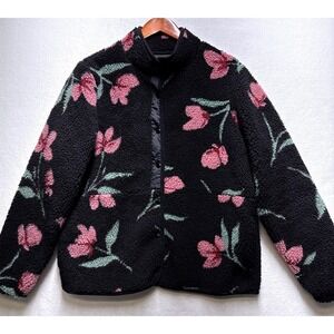 Volcom Womens Floral Sherpa Fleece Jacket Black Pink Tulip Snap Front B4842100 L